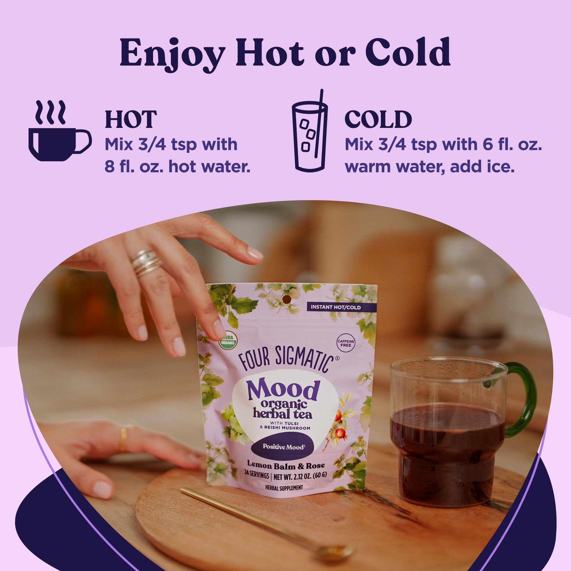 Four Sigmatic, Mood Organic Herbal Tea,Tulsi & Reishi Adaptogenic Blend, Lemon Balm & Rose, 24 Servings