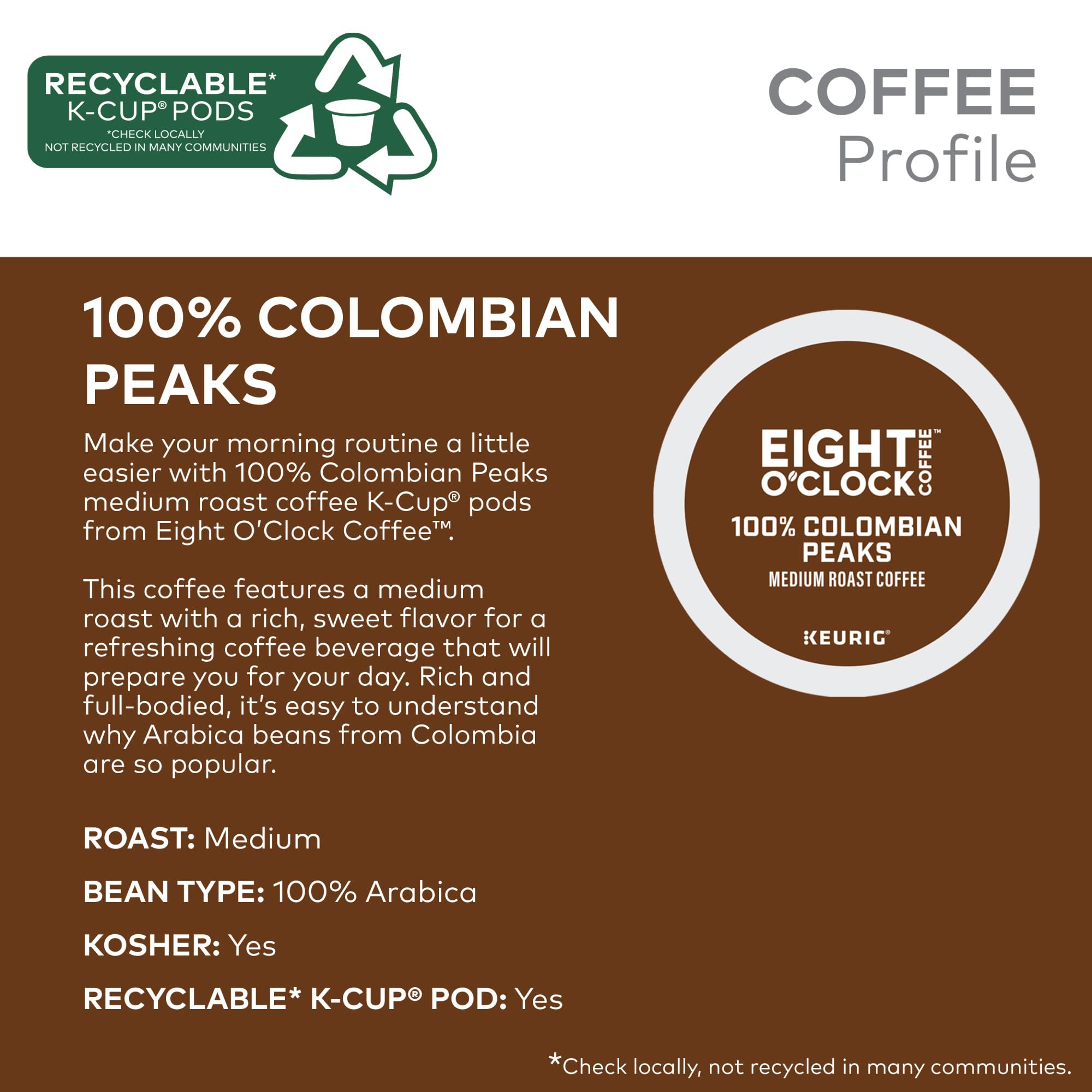 Eight O'Clock Coffee, Colombia Coffee Medium Roast, 32 K-Cup Pods