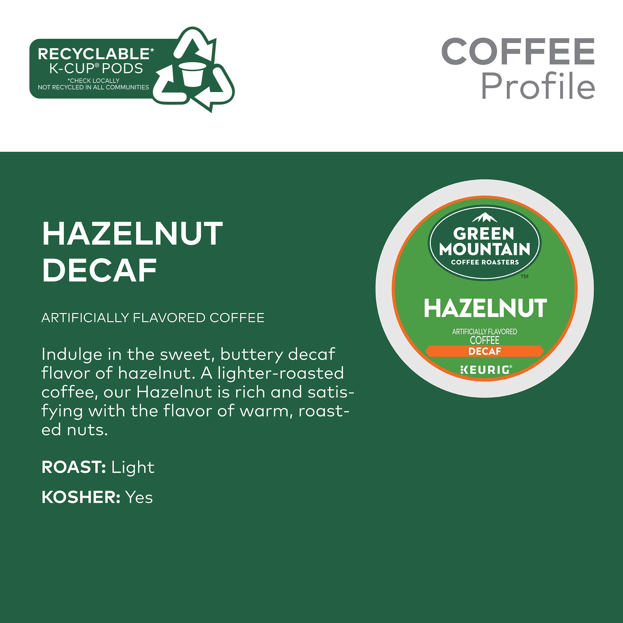 Green Mountain Coffee Roasters, Coffee Hazelnut Light Roast, 96 K-Cup Pods