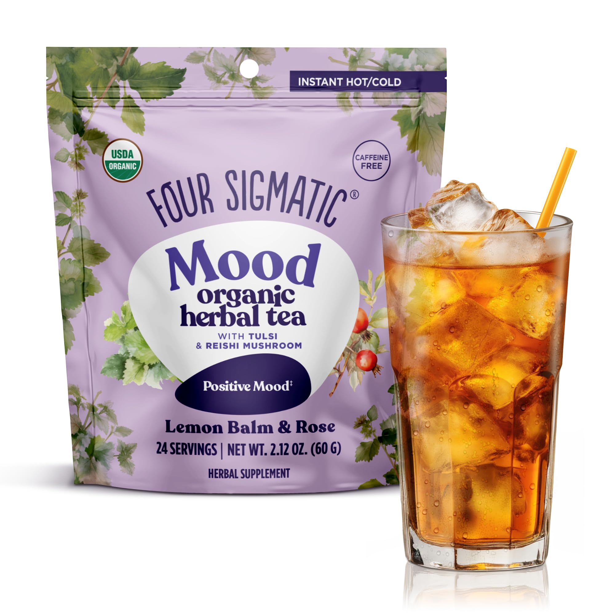 Four Sigmatic, Mood Organic Herbal Tea,Tulsi & Reishi Adaptogenic Blend, Lemon Balm & Rose, 24 Servings