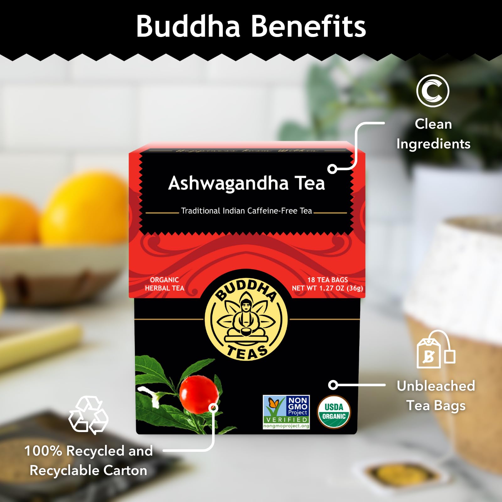 Buddha Teas, Ashwagandha Root Tea – Herbal Tea, 18 Tea Bags