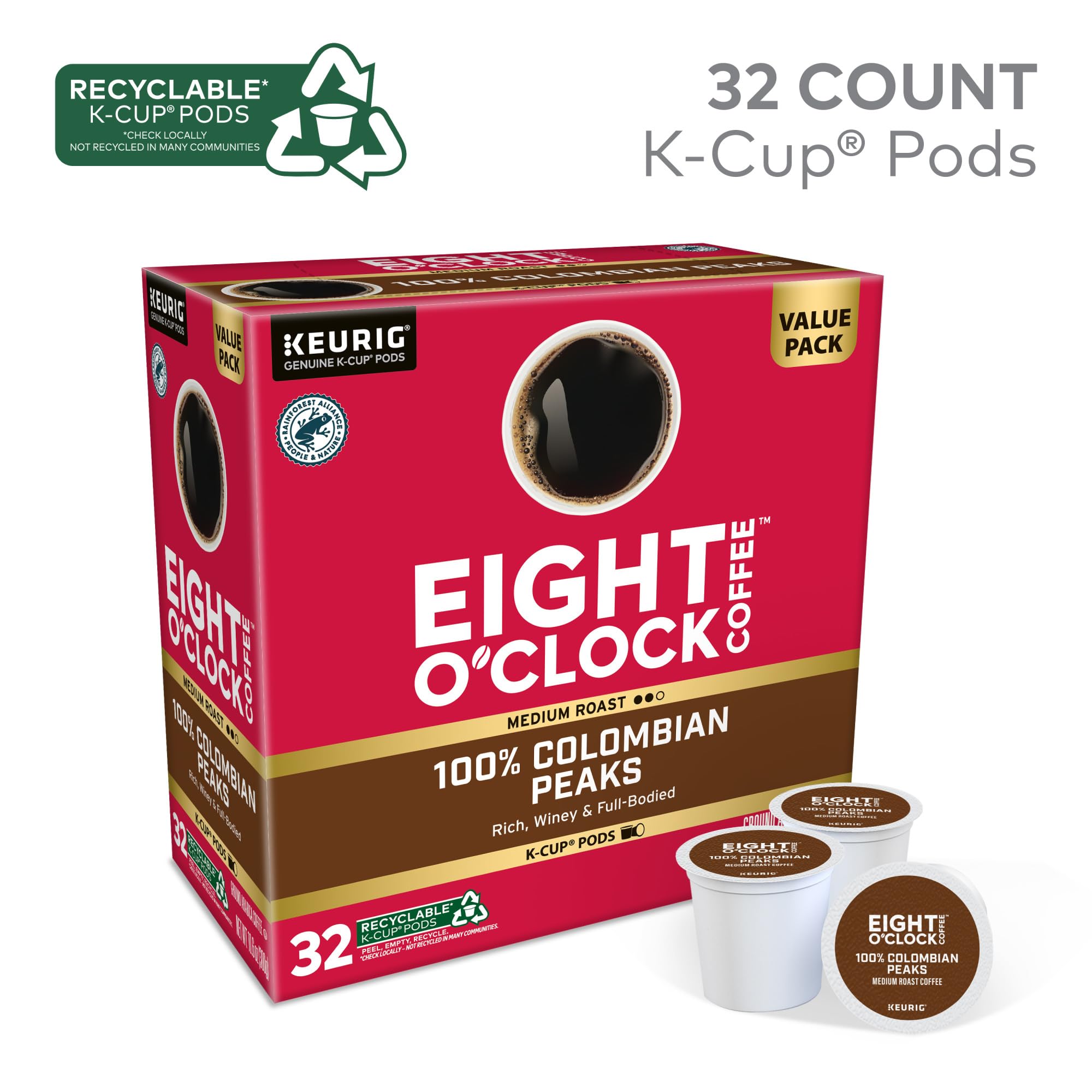 Eight O'Clock Coffee, Colombia Coffee Medium Roast, 32 K-Cup Pods