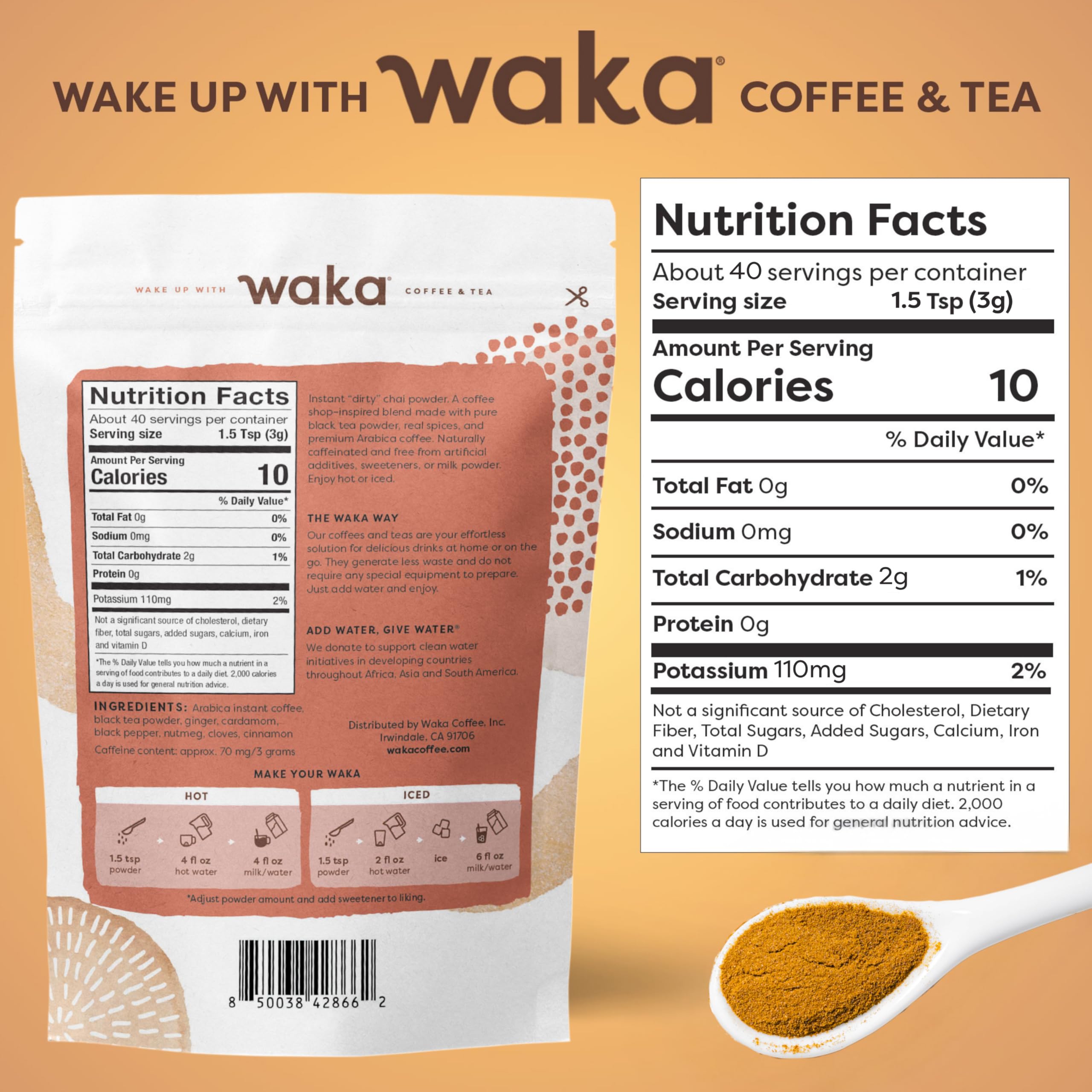 Waka, Dirty Chai, Instant Coffee and Tea Powder Mix, 4.5 oz Pouch