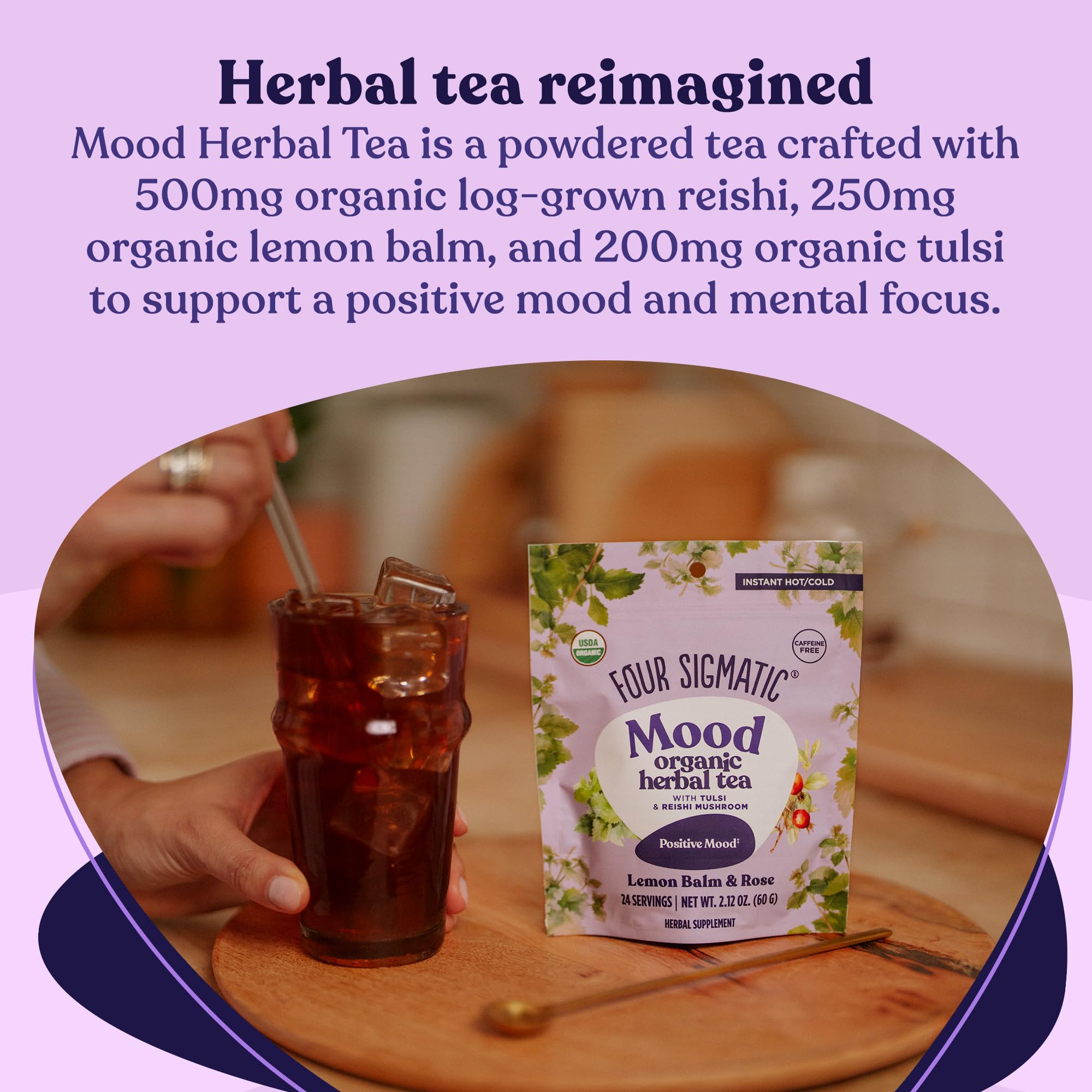 Four Sigmatic, Mood Organic Herbal Tea,Tulsi & Reishi Adaptogenic Blend, Lemon Balm & Rose, 24 Servings