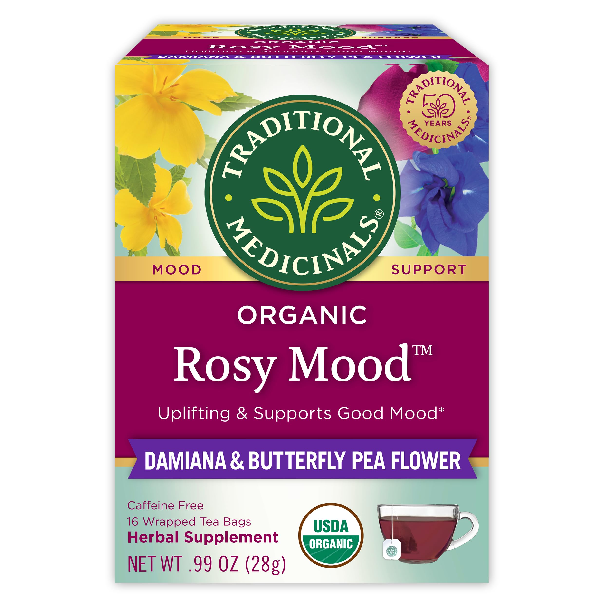 Traditional Medicinals, Rosy Mood Tea, Damiana & Butterfly Pea Flower, Organic Mood Support, 16 Tea Bagsere's a Traditional Medicinals tea for that