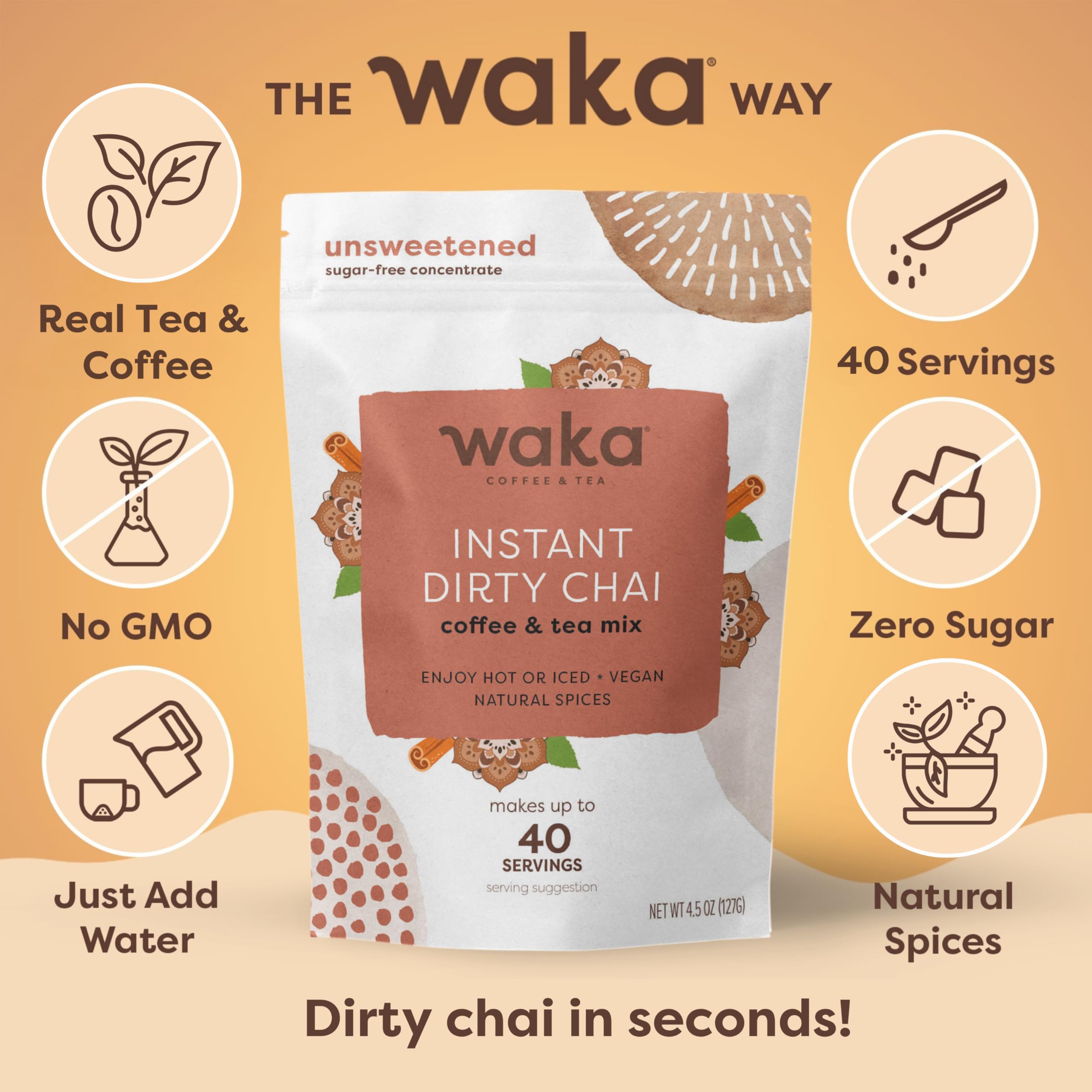 Waka, Dirty Chai, Instant Coffee and Tea Powder Mix, 4.5 oz Pouch