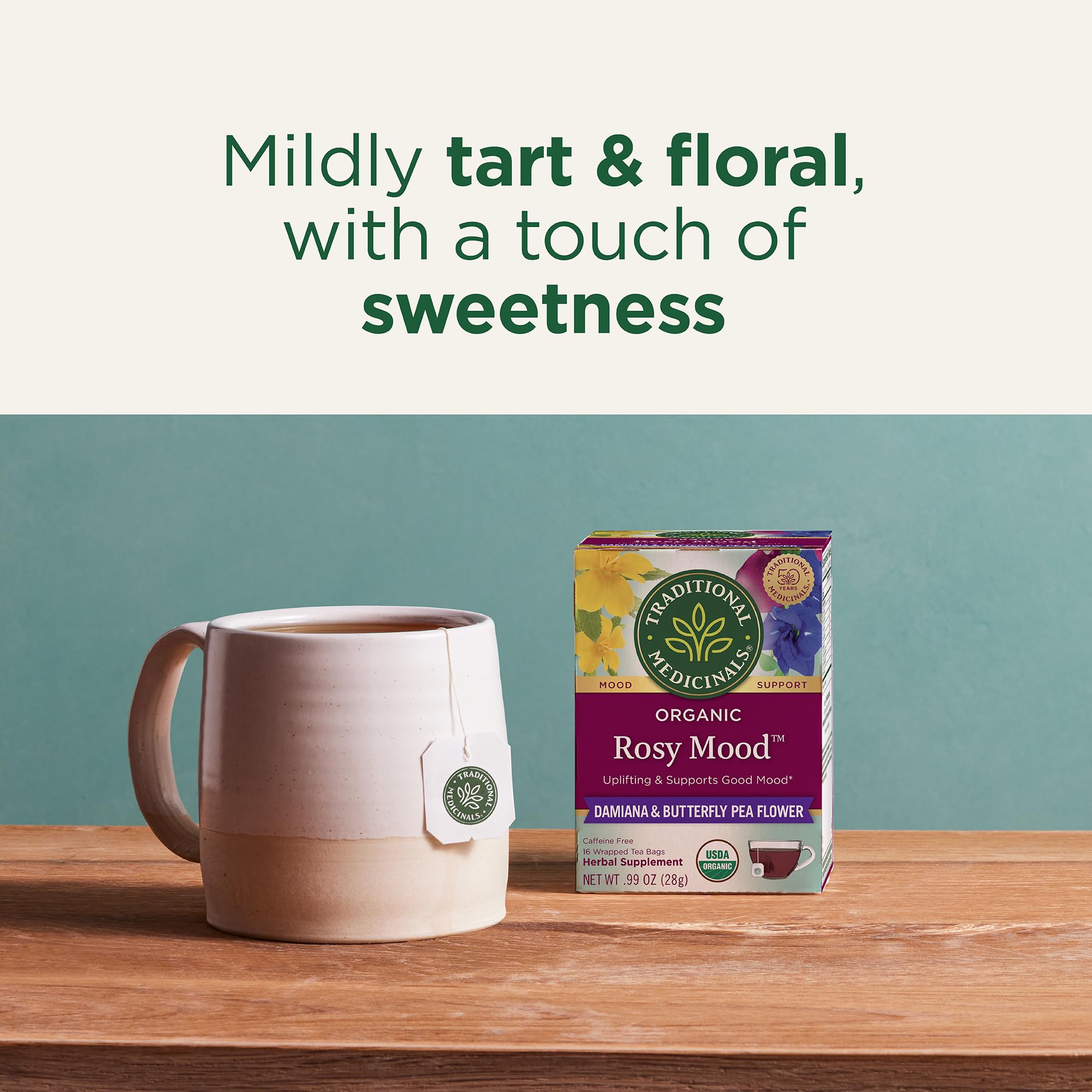 Traditional Medicinals, Rosy Mood Tea, Damiana & Butterfly Pea Flower, Organic Mood Support, 16 Tea Bagsere's a Traditional Medicinals tea for that