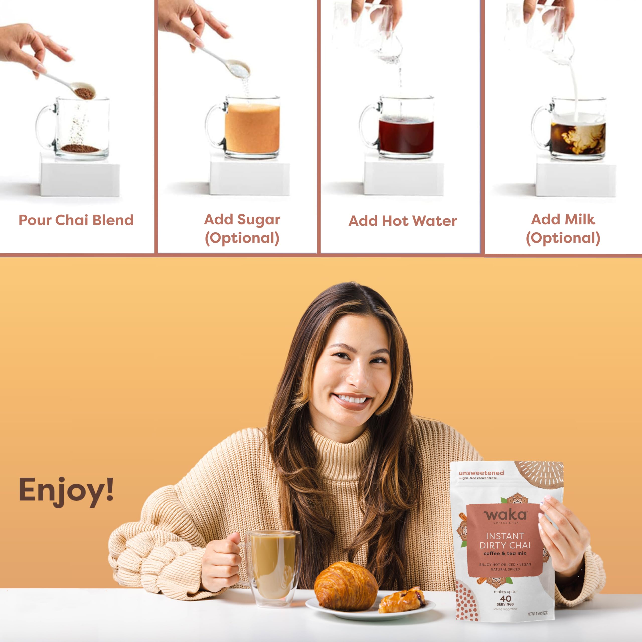 Waka, Dirty Chai, Instant Coffee and Tea Powder Mix, 4.5 oz Pouch