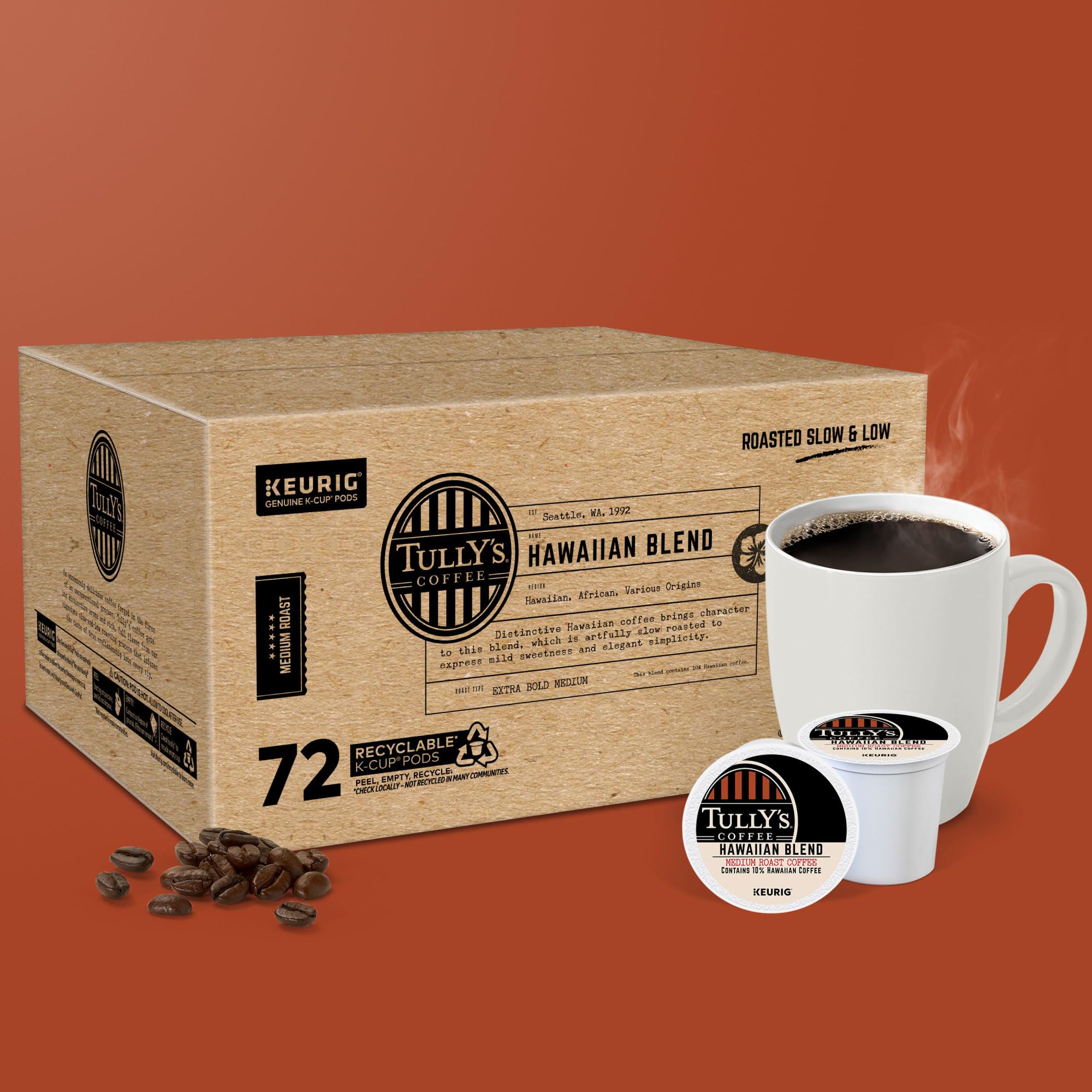 TULLY‚ÄôS, Hawaiian Blend Coffee Caramel Medium Roast, 72 K-Cup Pods