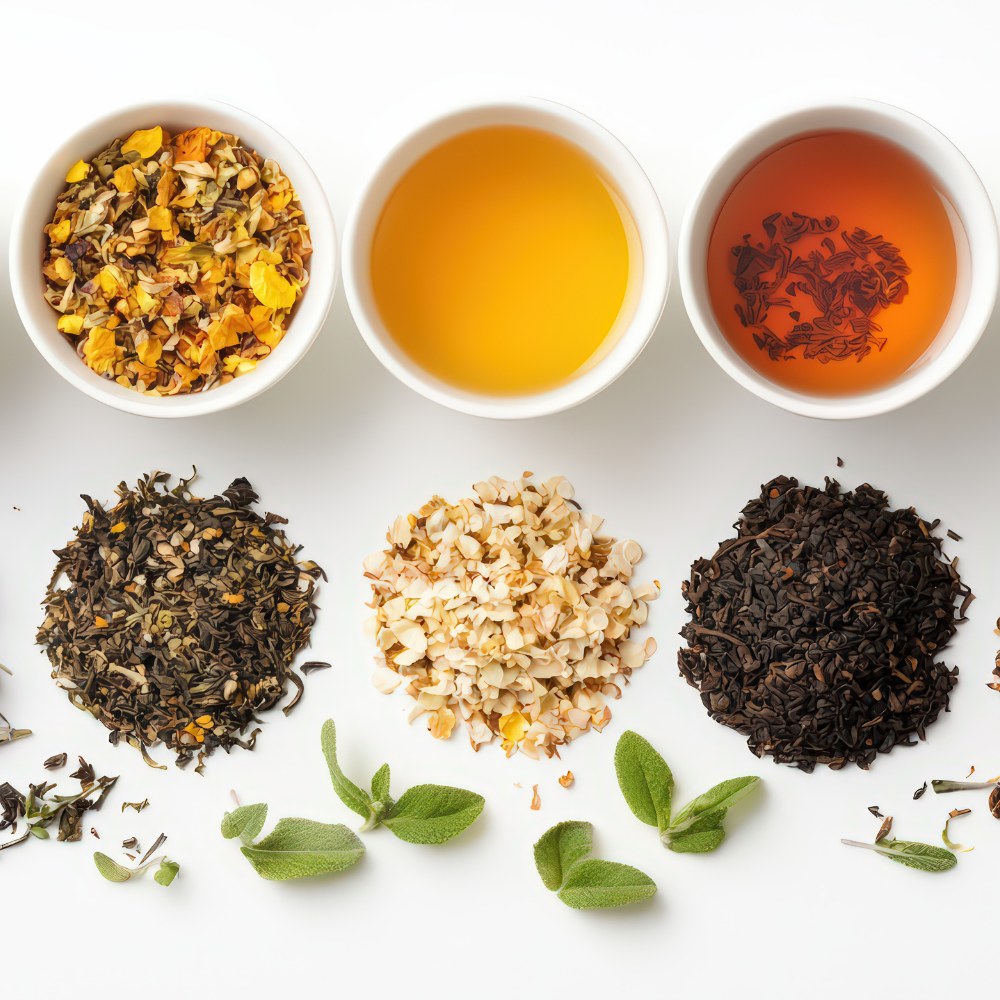 Assorted types of tea leaves and brewed tea in small bowls on a white background